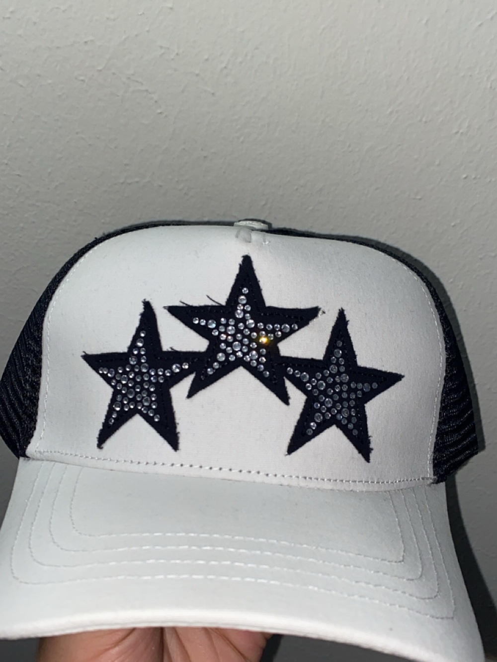 AMIRI White and Black Star Rhinestone Trucker Hat